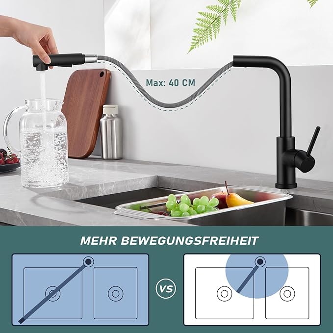 Küchenarmatur mit 360° Schwenkauslauf – Hochwertiger Wasserhahn aus Messing mit Zugbrause & Keramikkartusche