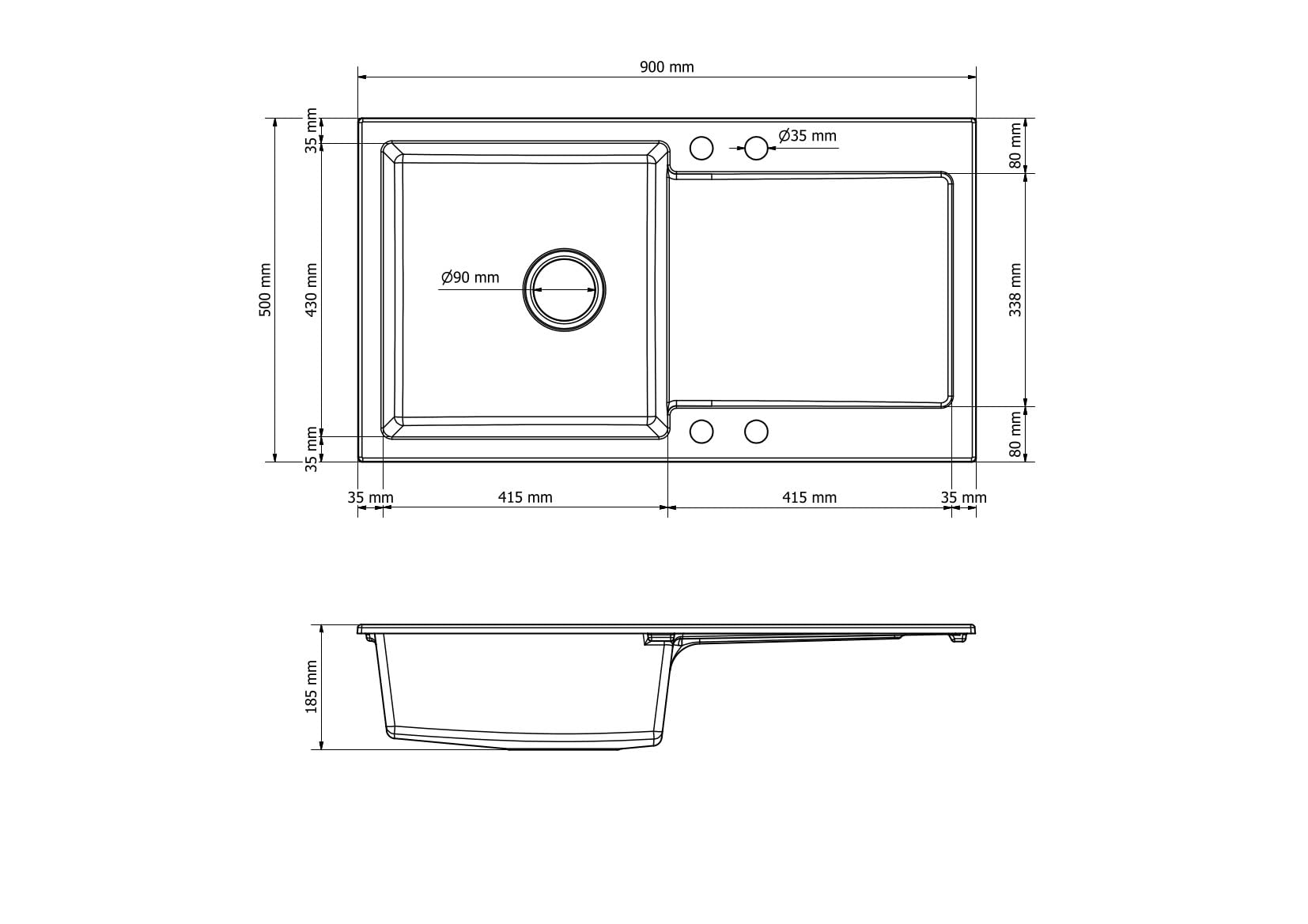 Granitspüle Element mit Abtropffläche 90x50 cm inkl. Armatur & Siphon-Set