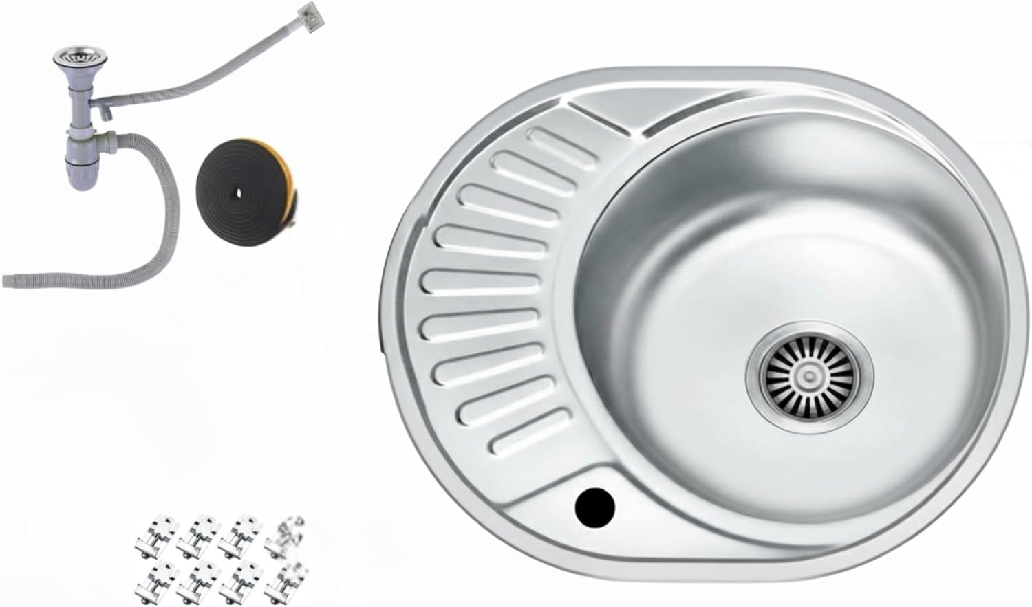 Edelstahlspüle –  Einbauspüle inkl. Siphon-Set Rund (Ø 57 cm)