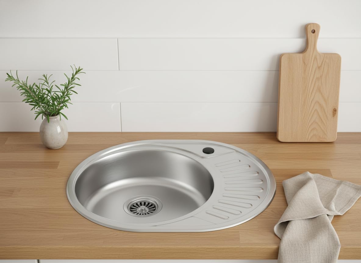 Edelstahlspüle –  Einbauspüle inkl. Siphon-Set Rund (Ø 57 cm)