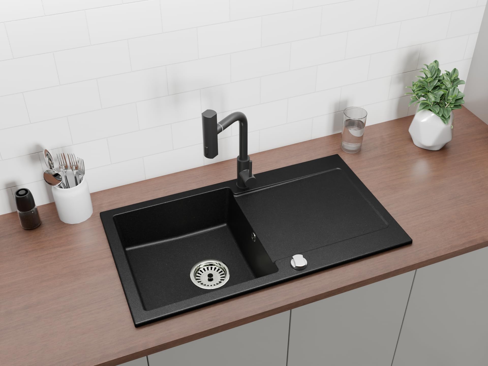 Granitspüle Element mit Abtropffläche 90x50 cm inkl. Armatur & Siphon-Set