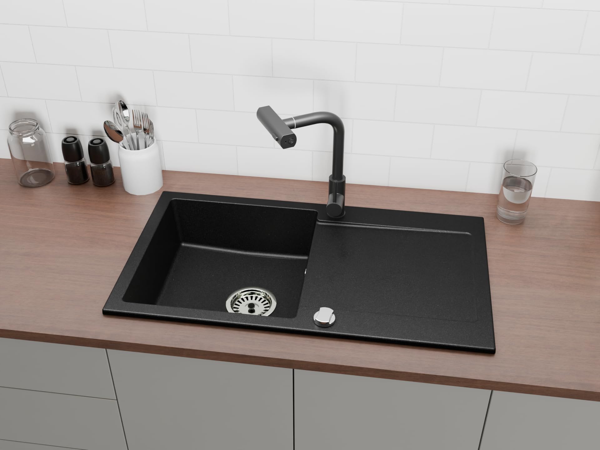 Granitspüle Element mit Abtropffläche 90x50 cm inkl. Armatur & Siphon-Set