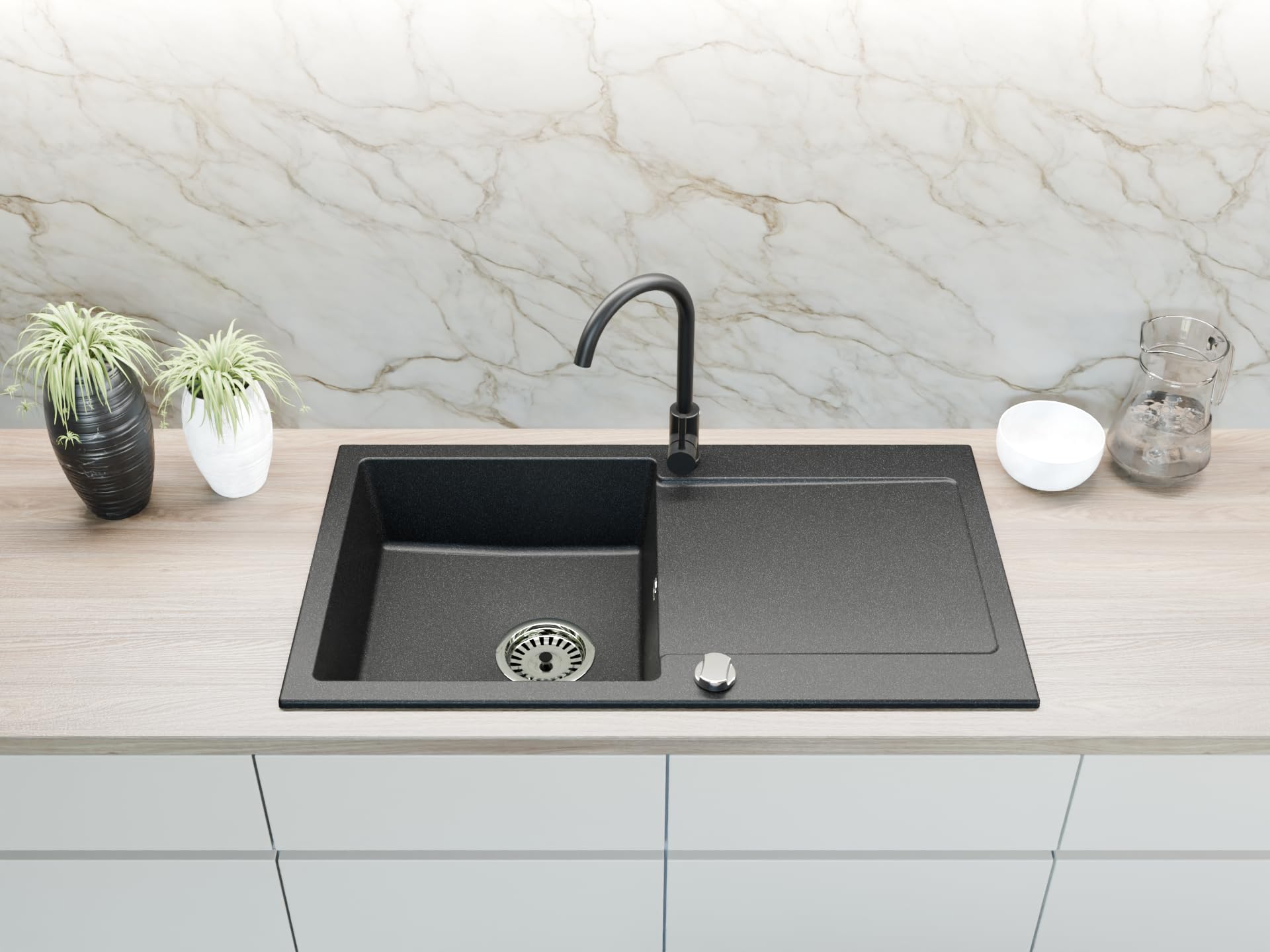 Granitspüle Element mit Abtropffläche 90x50 cm inkl. Armatur & Siphon-Set