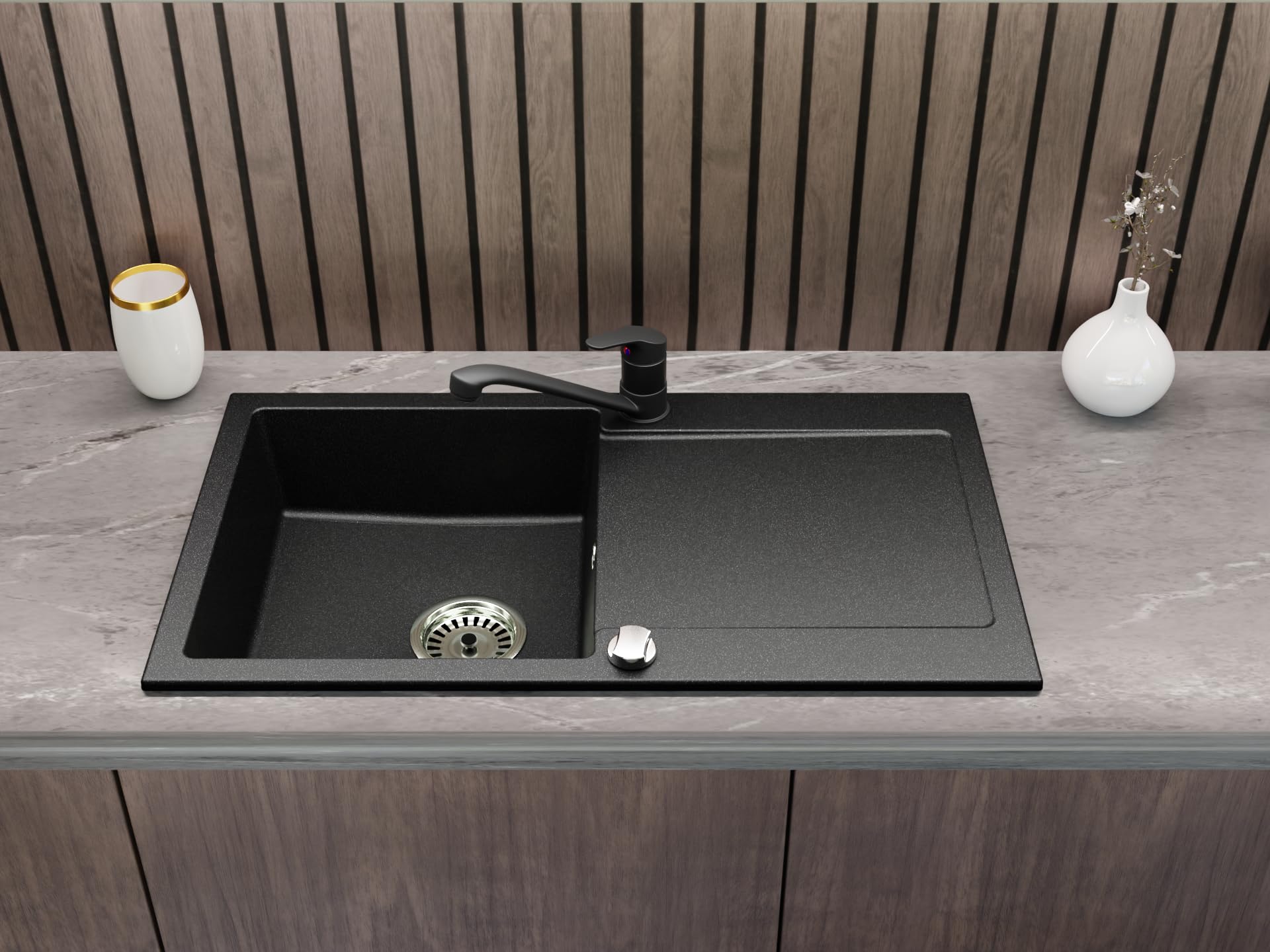 Granitspüle Element mit Abtropffläche 90x50 cm inkl. Armatur & Siphon-Set