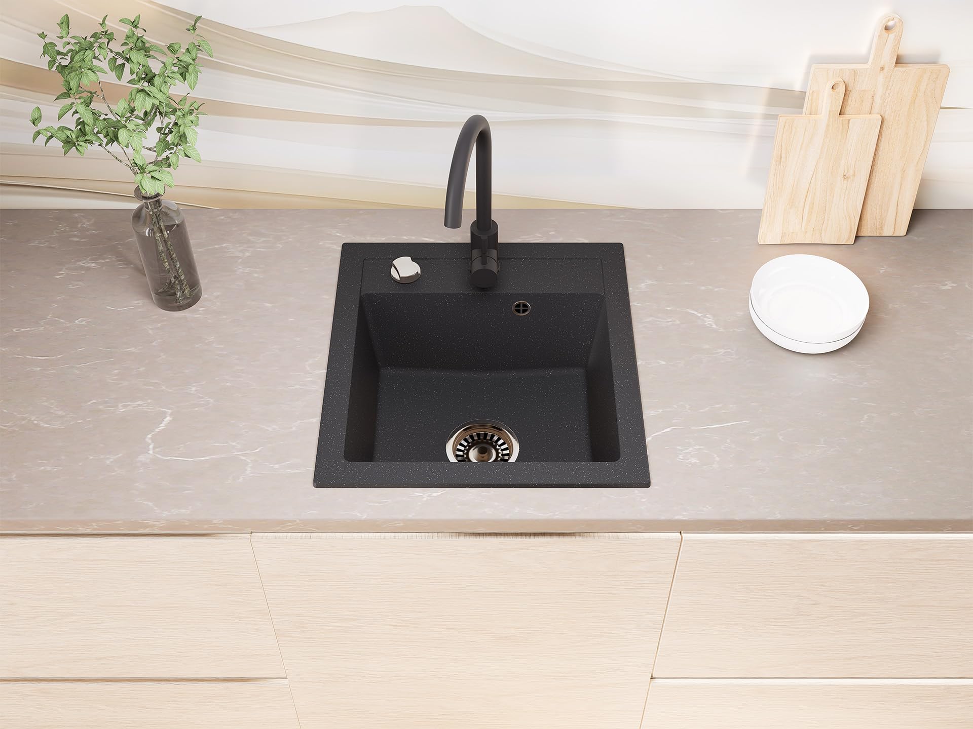 Granit Einbauspüle Milano Schwarz Gesprenkelt inkl. Armatur & Siphon-Set