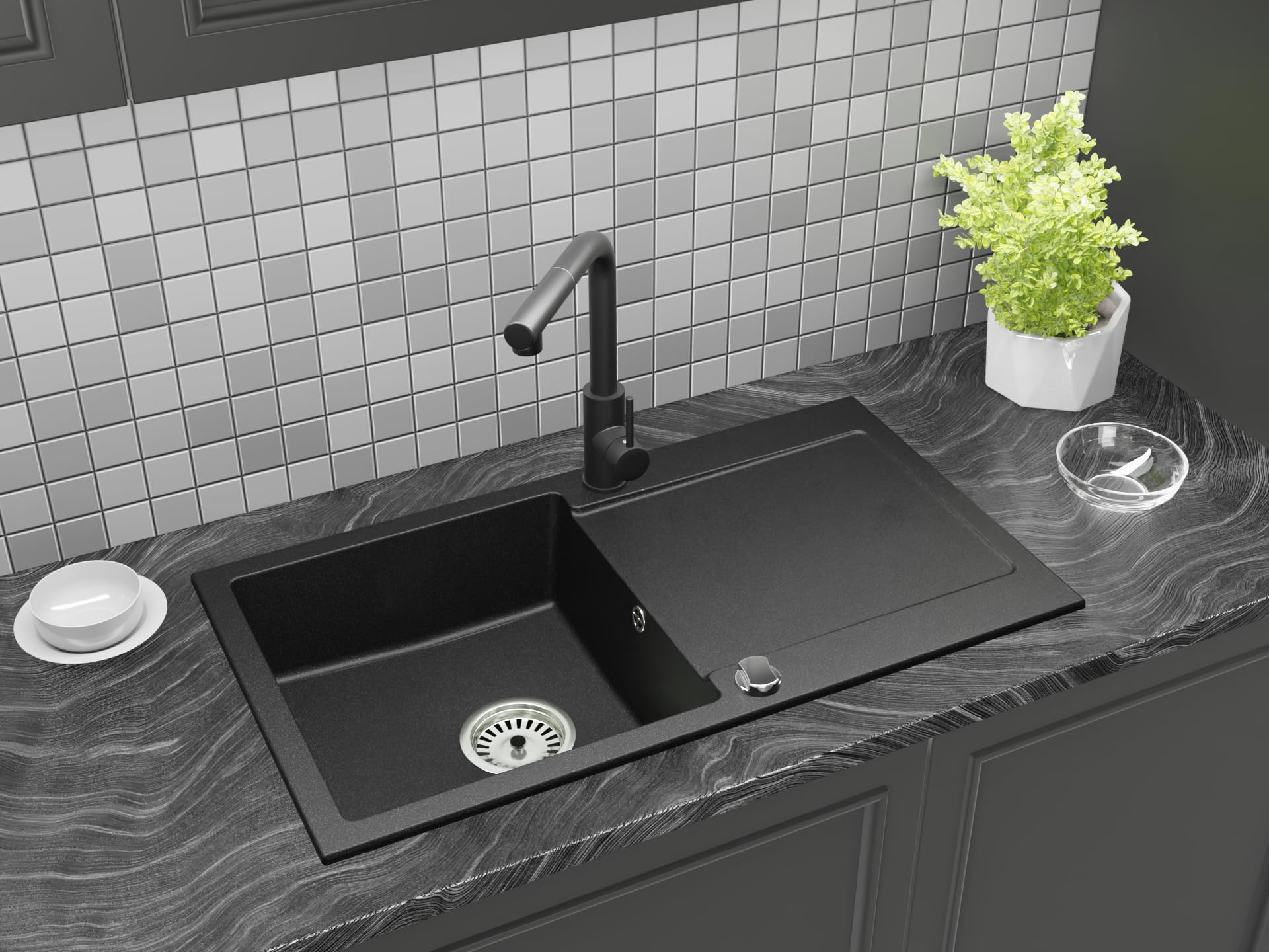 Granitspüle Element mit Abtropffläche 90x50 cm inkl. Armatur & Siphon-Set