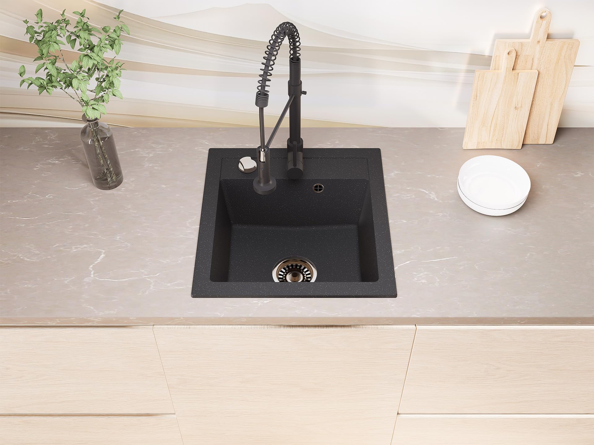 Granit Einbauspüle Milano Schwarz Gesprenkelt inkl. Armatur & Siphon-Set