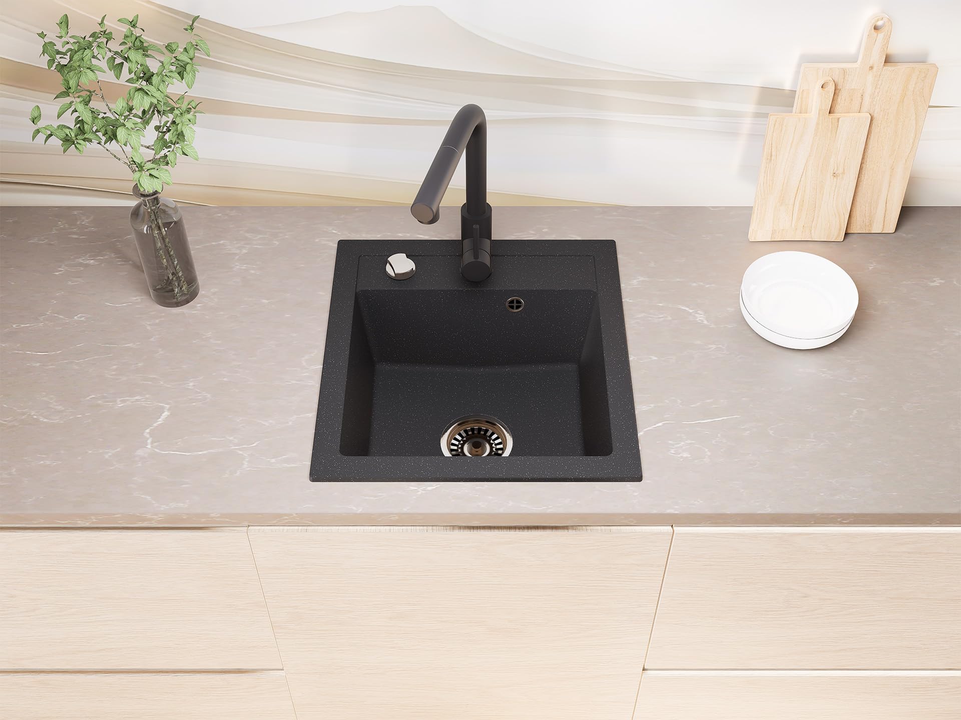 Granit Einbauspüle Milano Schwarz Gesprenkelt inkl. Armatur & Siphon-Set