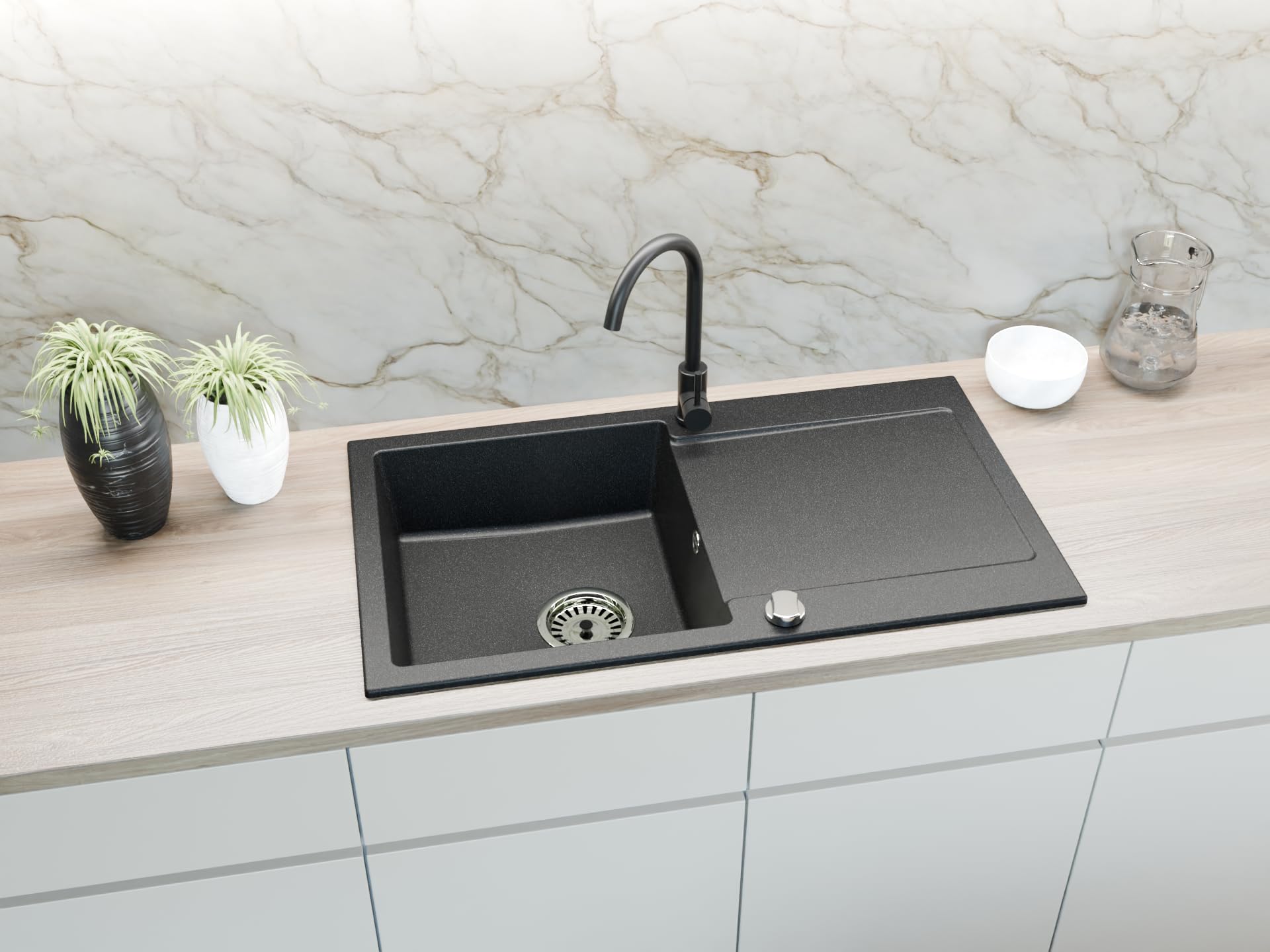 Granitspüle Element mit Abtropffläche 90x50 cm inkl. Armatur & Siphon-Set