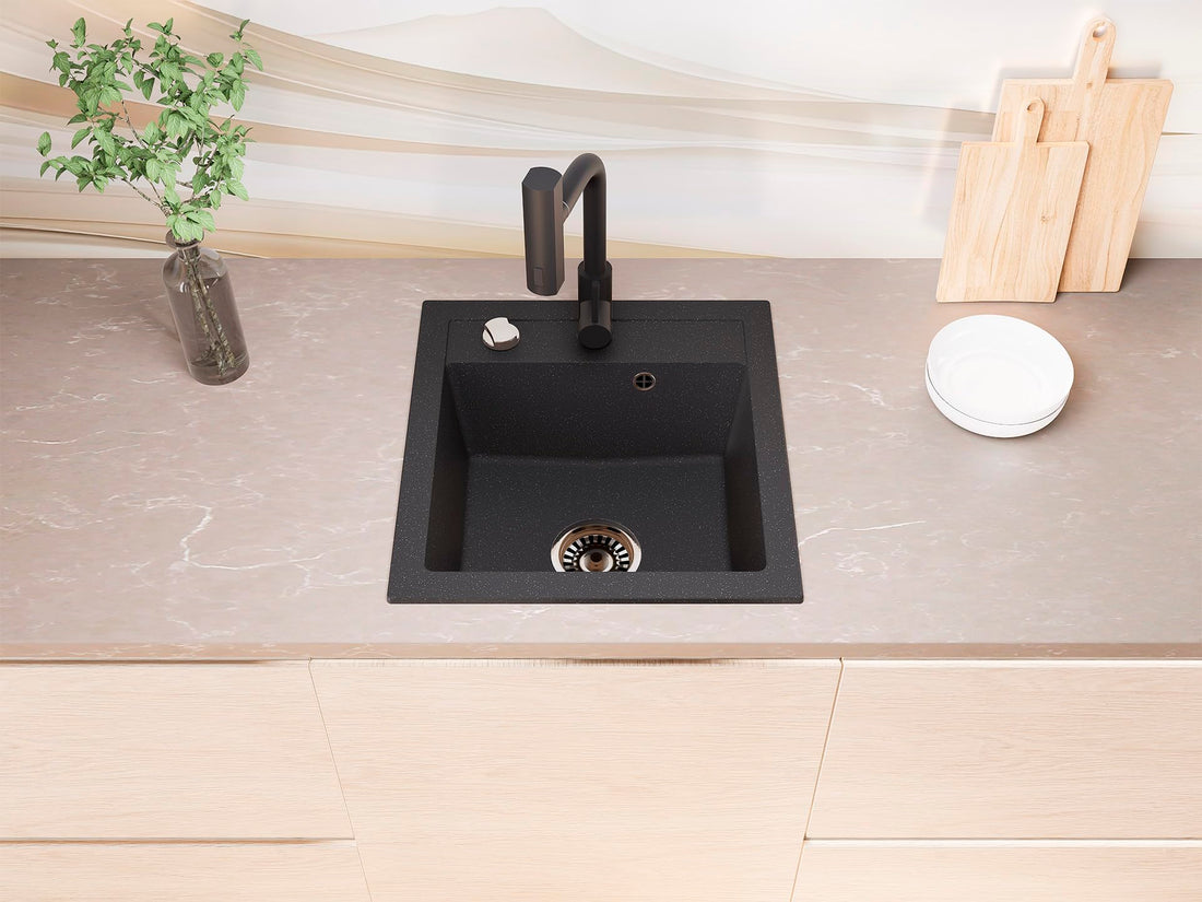 Granit Einbauspüle Milano Schwarz Gesprenkelt inkl. Armatur & Siphon-Set