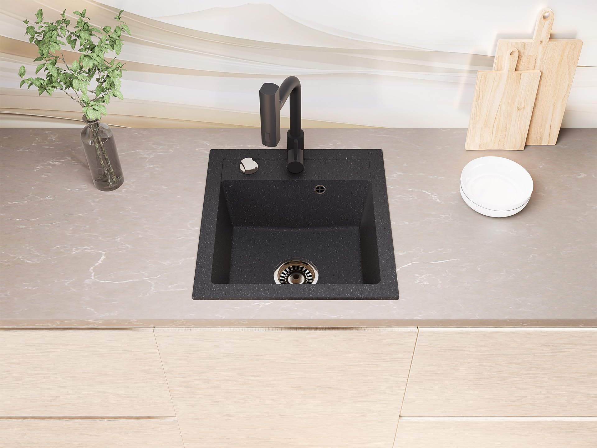 Granit Einbauspüle Milano Schwarz Gesprenkelt inkl. Armatur & Siphon-Set