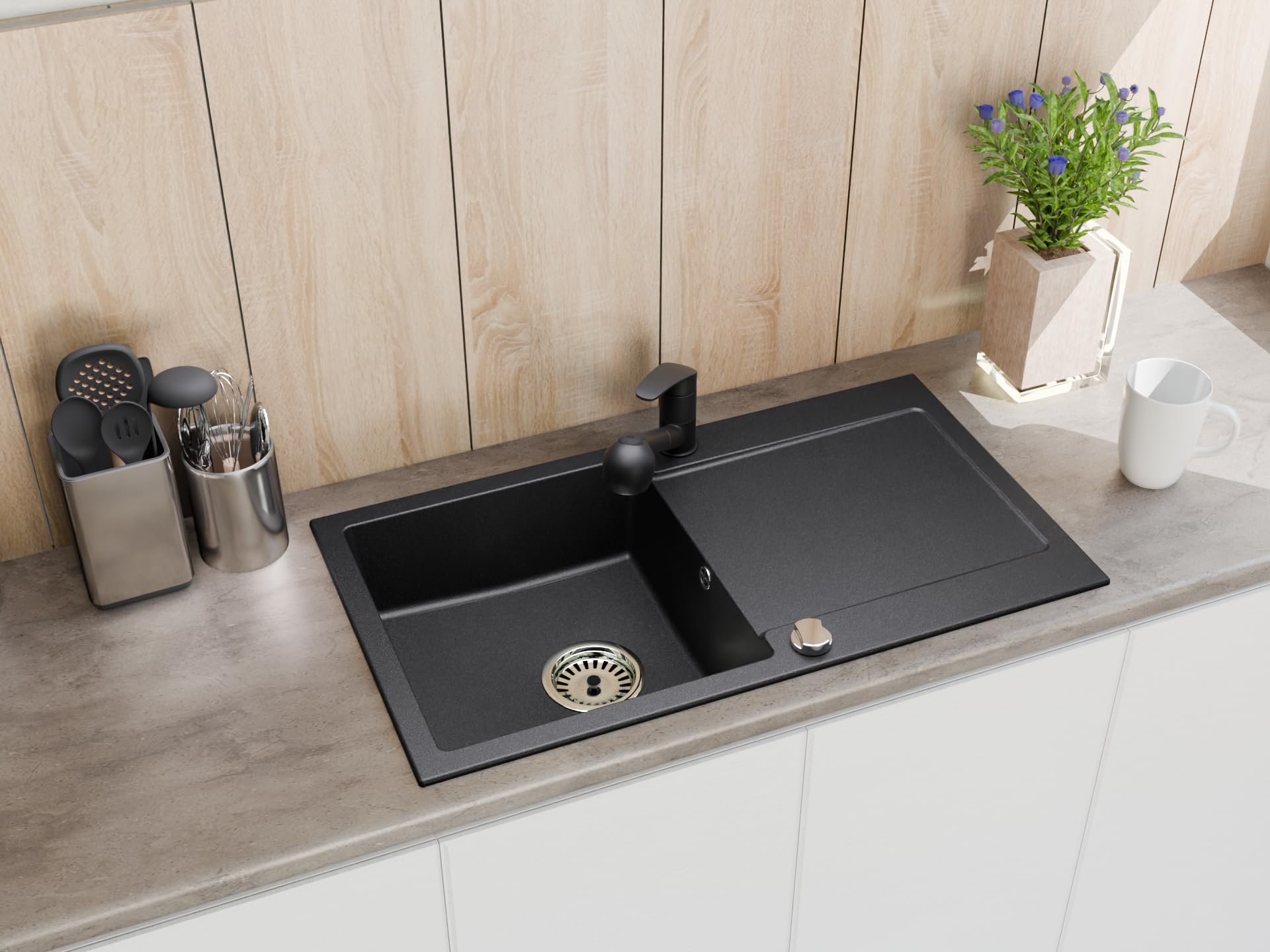 Granitspüle Element mit Abtropffläche 90x50 cm inkl. Armatur & Siphon-Set