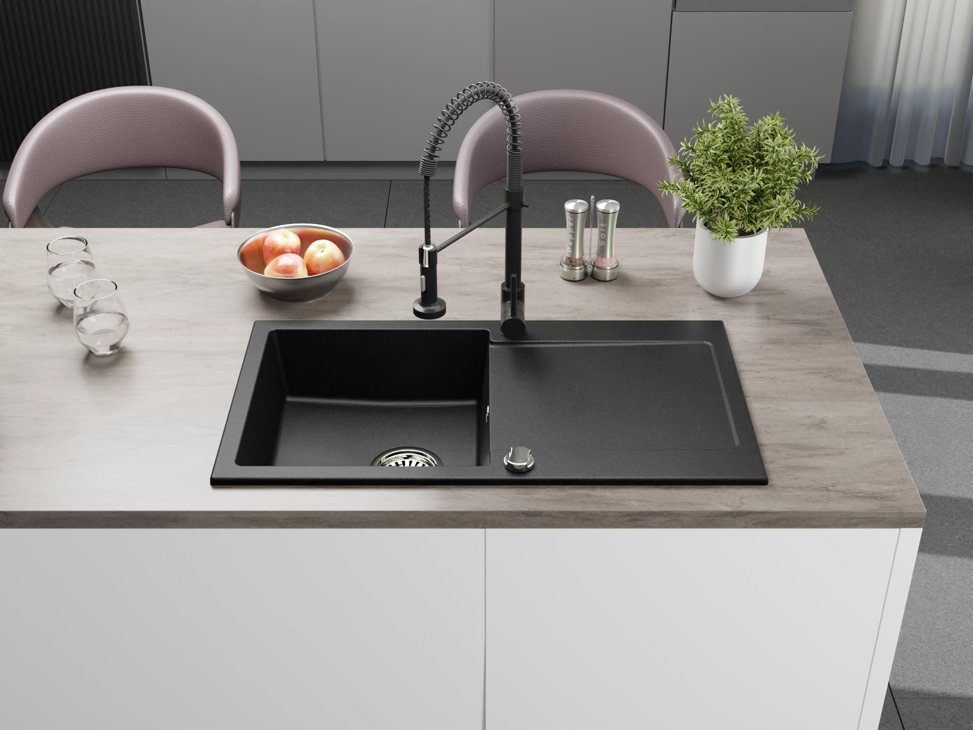 Granitspüle Element mit Abtropffläche 90x50 cm inkl. Armatur & Siphon-Set