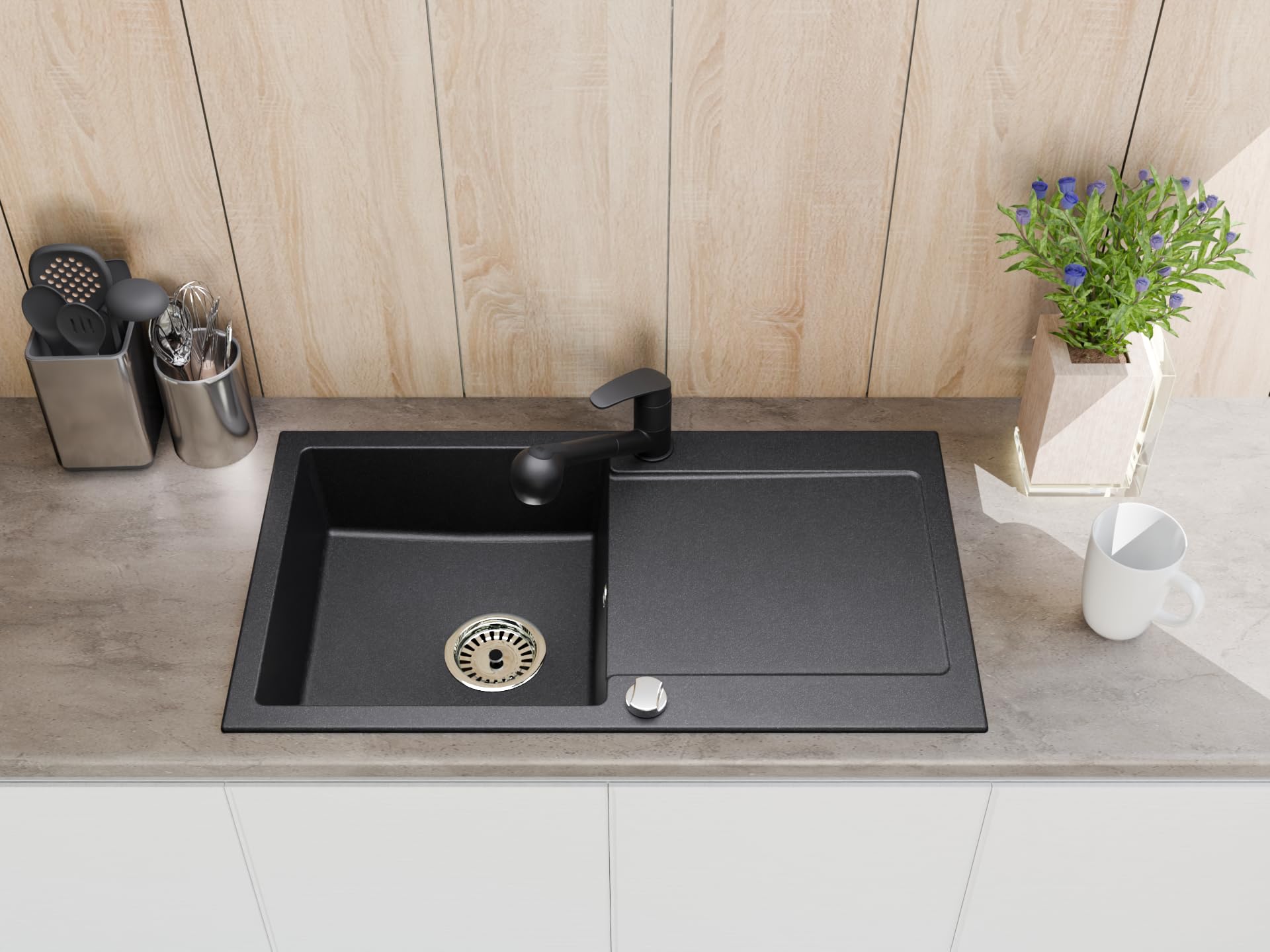 Granitspüle Element mit Abtropffläche 90x50 cm inkl. Armatur & Siphon-Set