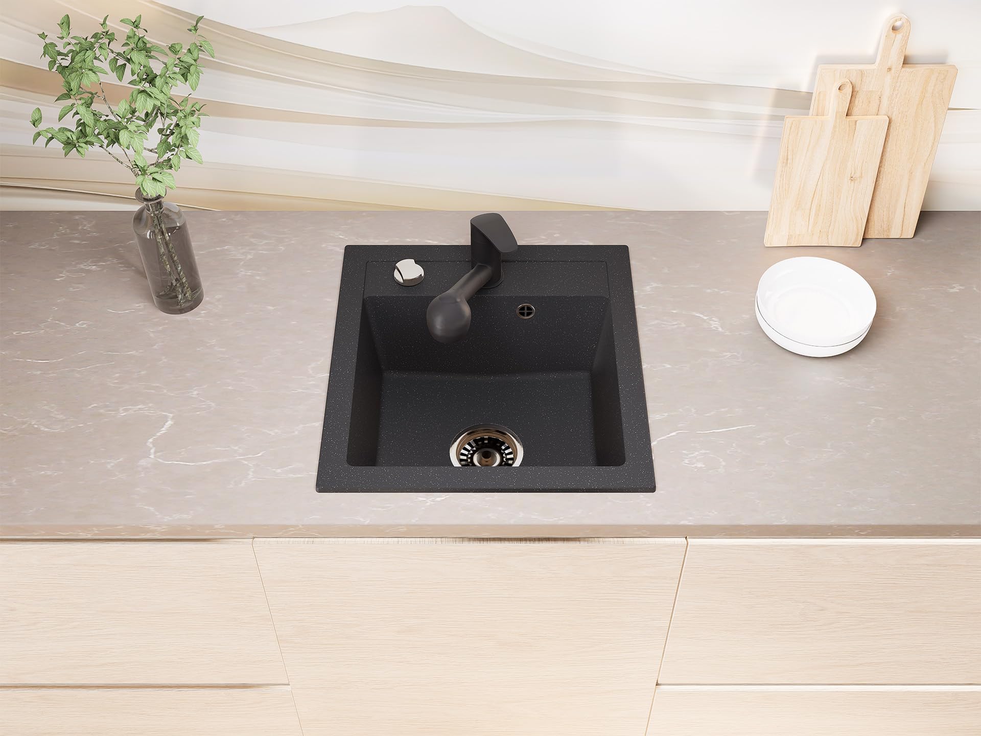 Granit Einbauspüle Milano Schwarz Gesprenkelt inkl. Armatur & Siphon-Set