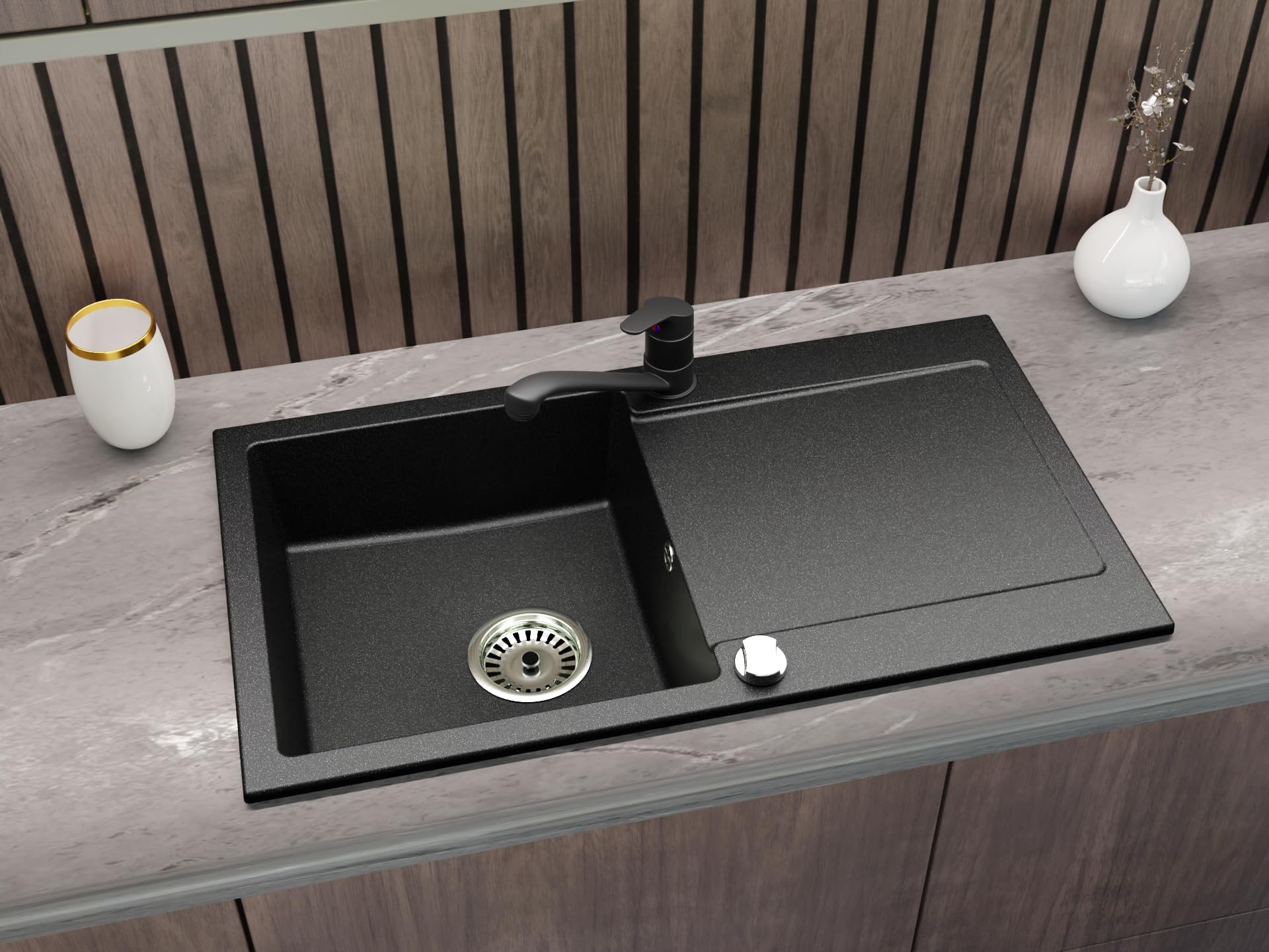 Granitspüle Element mit Abtropffläche 90x50 cm inkl. Armatur & Siphon-Set