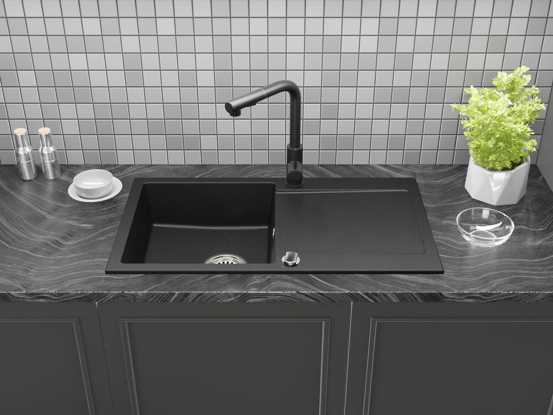 Granitspüle Element mit Abtropffläche 90x50 cm inkl. Armatur & Siphon-Set