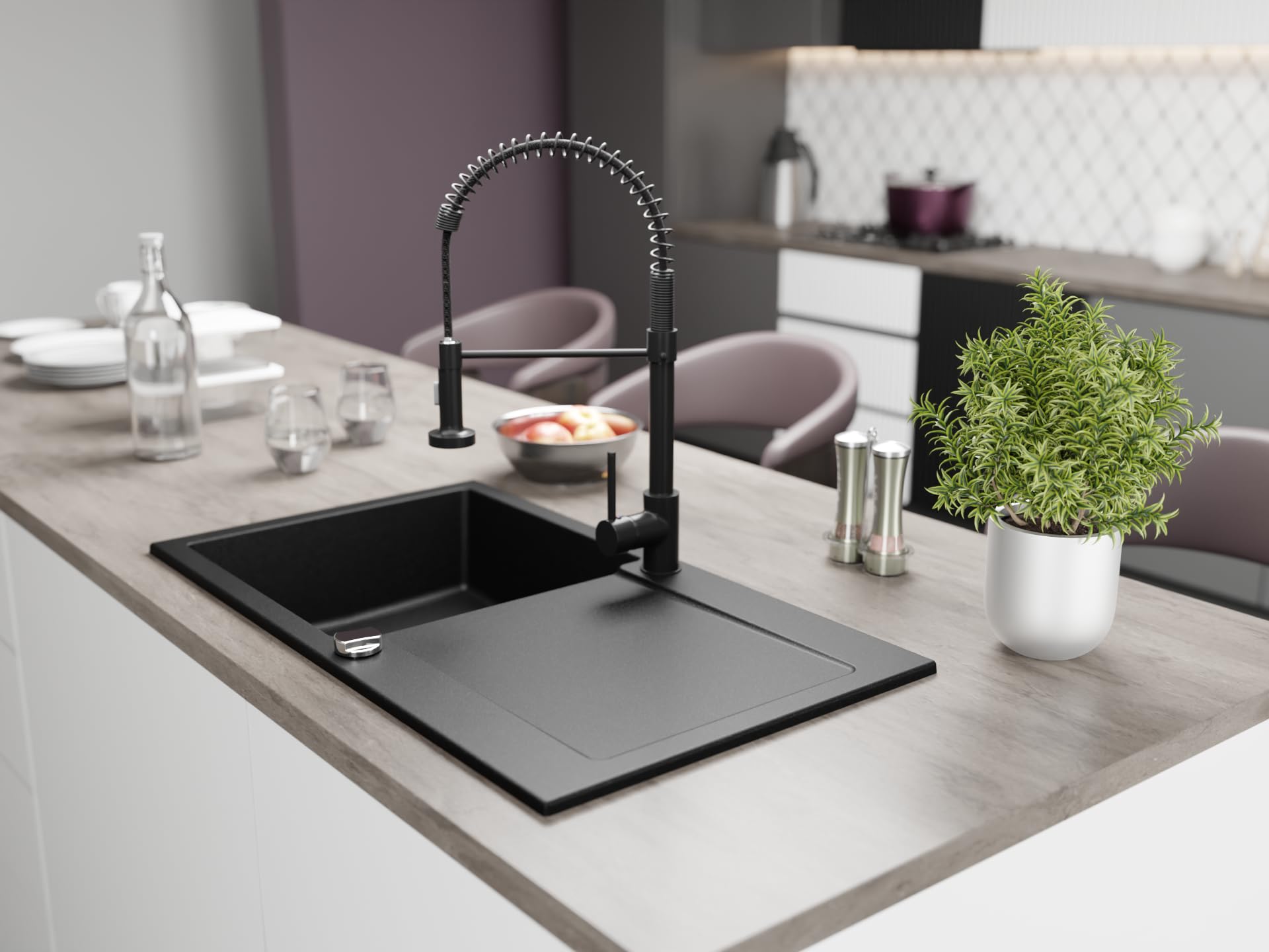 Granitspüle Element mit Abtropffläche 90x50 cm inkl. Armatur & Siphon-Set