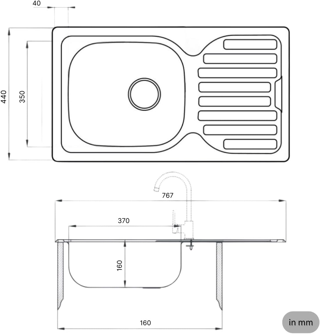 Edelstahlspüle – Robuste Einbauspüle inkl. Siphon-Set (76x44)
