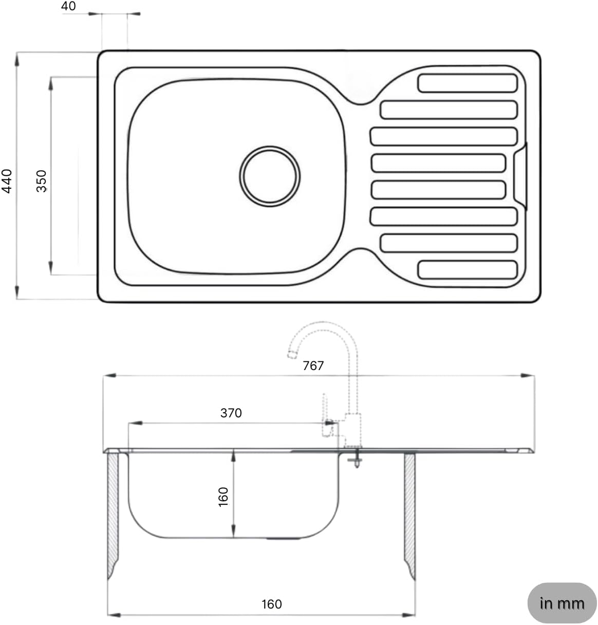 Edelstahlspüle – Robuste Einbauspüle inkl. Siphon-Set (76x44)