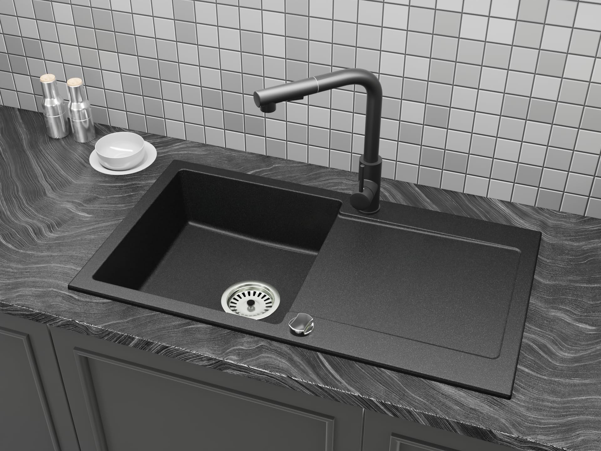 Granitspüle Element mit Abtropffläche 90x50 cm inkl. Armatur & Siphon-Set