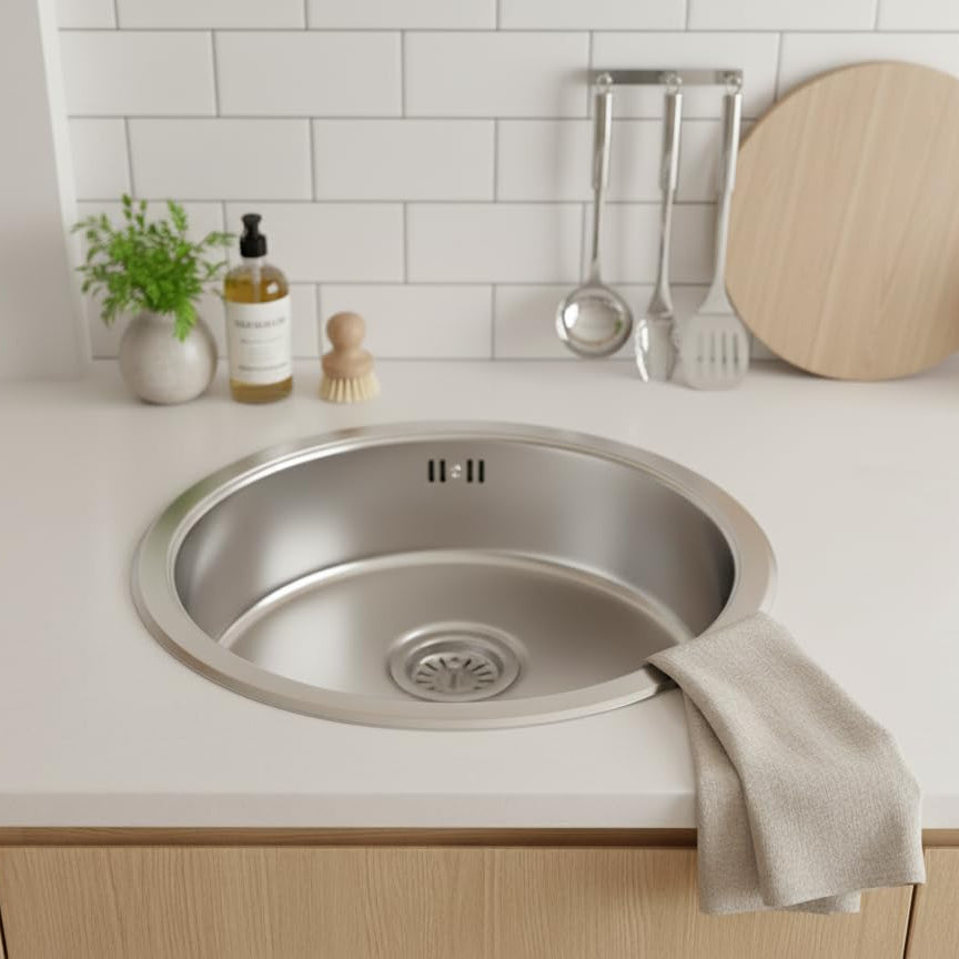 Edelstahlspüle –  Einbauspüle inkl. Siphon-Set Rund (Ohne Armatur, 51)